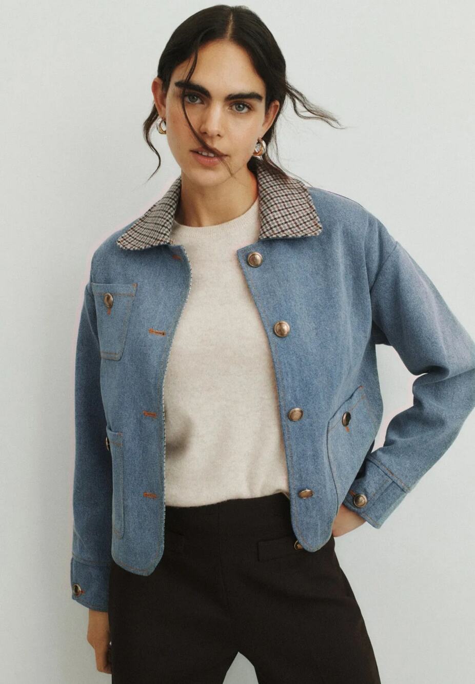 Sandro Light Blue Denim Jacket With Contrast Collar Women Size 8